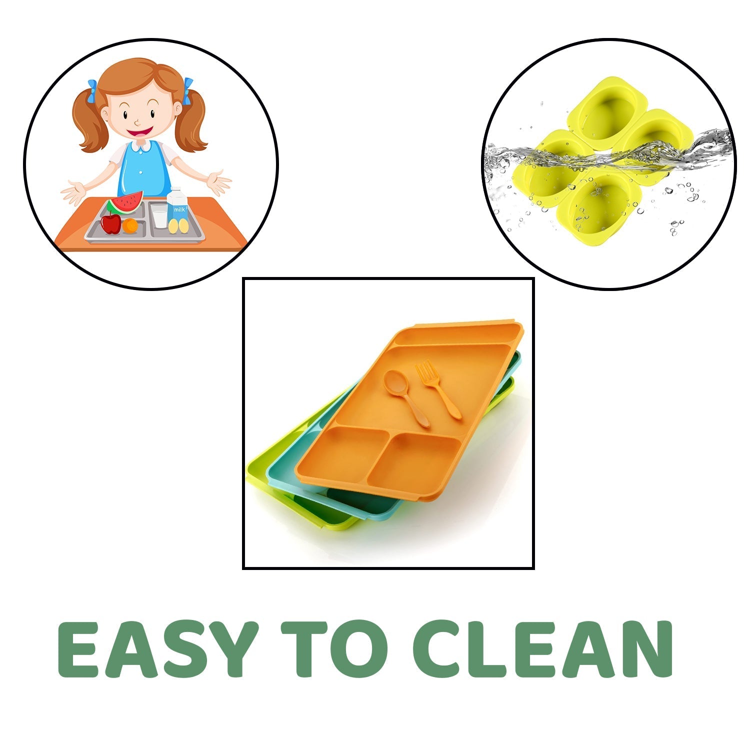 4-compartment plate with spoon and fork for serving various foods 4-compartment plate with spoon and fork for serving various foods